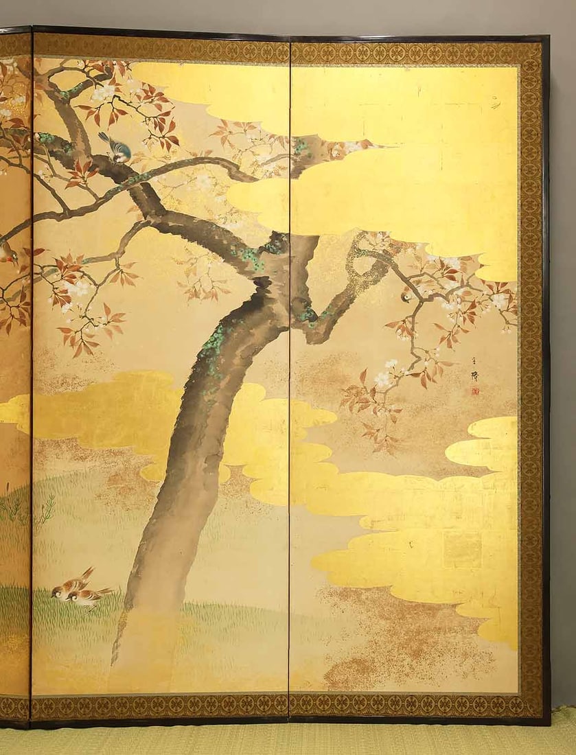 Uryu Gold Leaf 'Flowers and Bird' Six Panels Folding Screens Byobu Room Dividers - 11