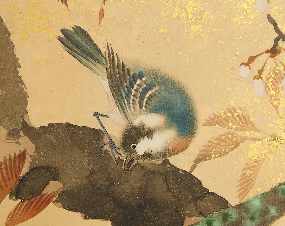 Uryu Gold Leaf 'Flowers and Bird' Six Panels Folding Screens Byobu Room Dividers - 12