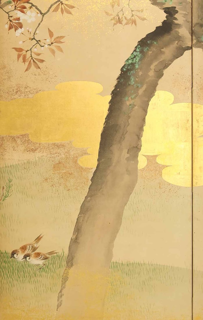 Uryu Gold Leaf 'Flowers and Bird' Six Panels Folding Screens Byobu Room Dividers - 14