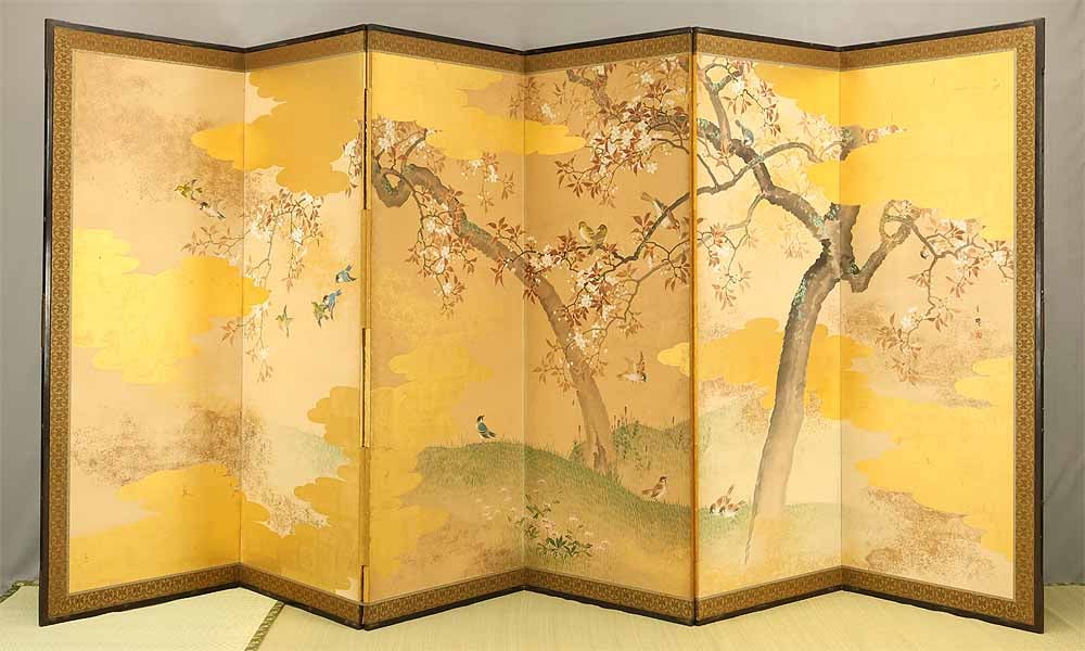 Uryu Gold Leaf 'Flowers and Bird' Six Panels Folding Screens Byobu Room Dividers (1 of 20)