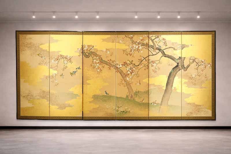 Uryu Gold Leaf 'Flowers and Bird' Six Panels Folding Screens Byobu Room Dividers - 20