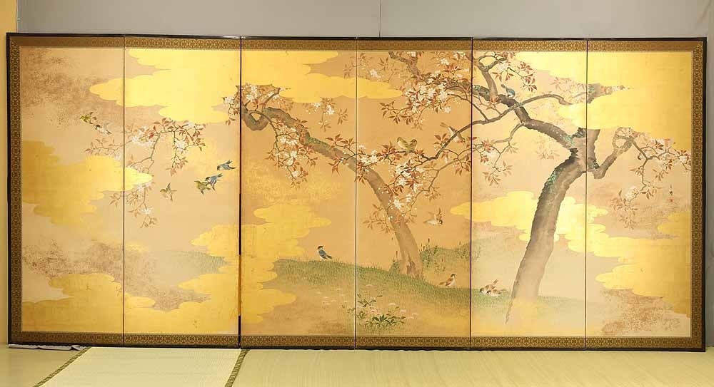 Uryu Gold Leaf 'Flowers and Bird' Six Panels Folding Screens Byobu Room Dividers - 2