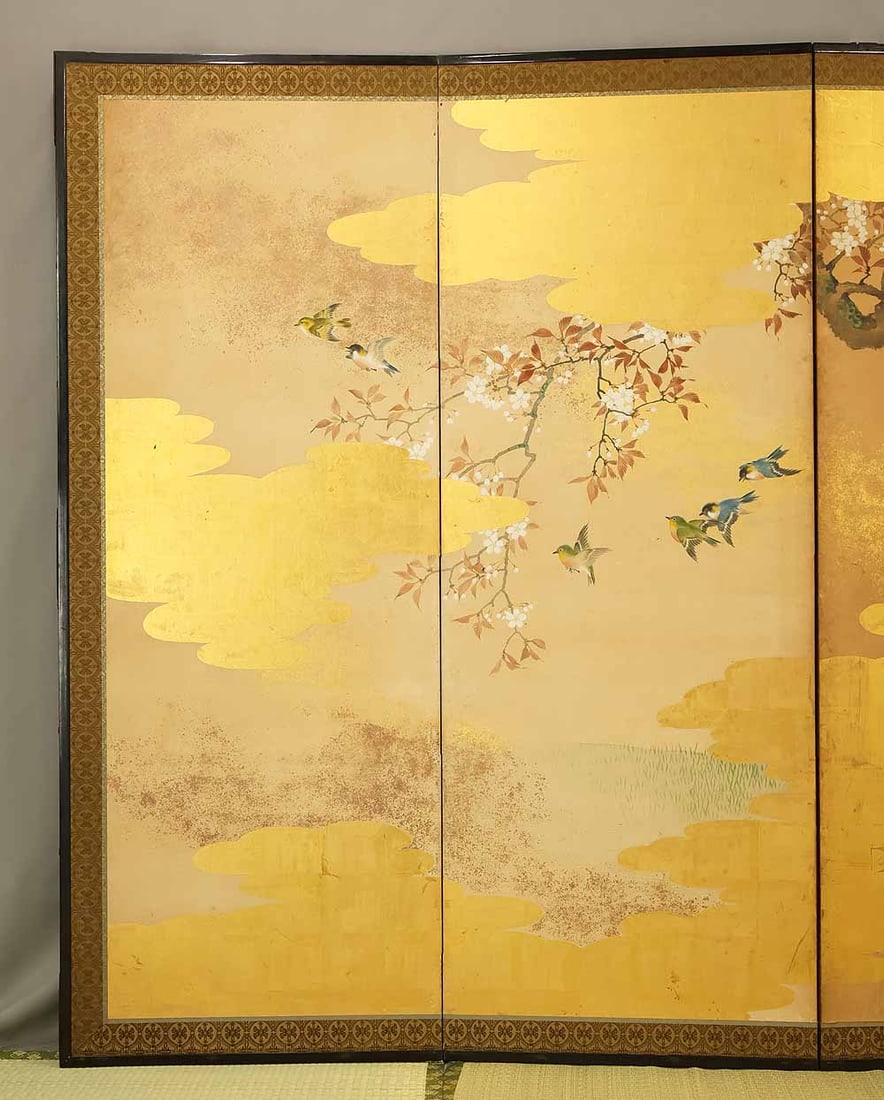 Uryu Gold Leaf 'Flowers and Bird' Six Panels Folding Screens Byobu Room Dividers - 3