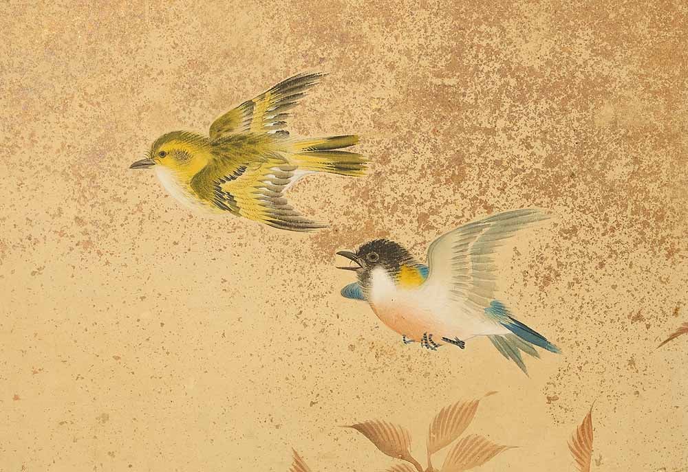 Uryu Gold Leaf 'Flowers and Bird' Six Panels Folding Screens Byobu Room Dividers - 4