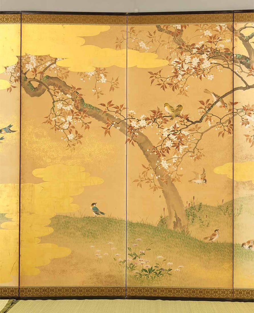 Uryu Gold Leaf 'Flowers and Bird' Six Panels Folding Screens Byobu Room Dividers - 7