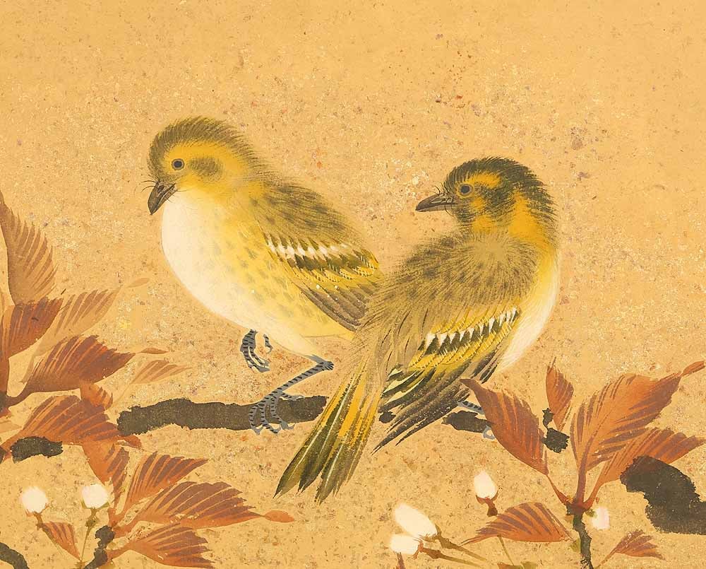 Uryu Gold Leaf 'Flowers and Bird' Six Panels Folding Screens Byobu Room Dividers - 9