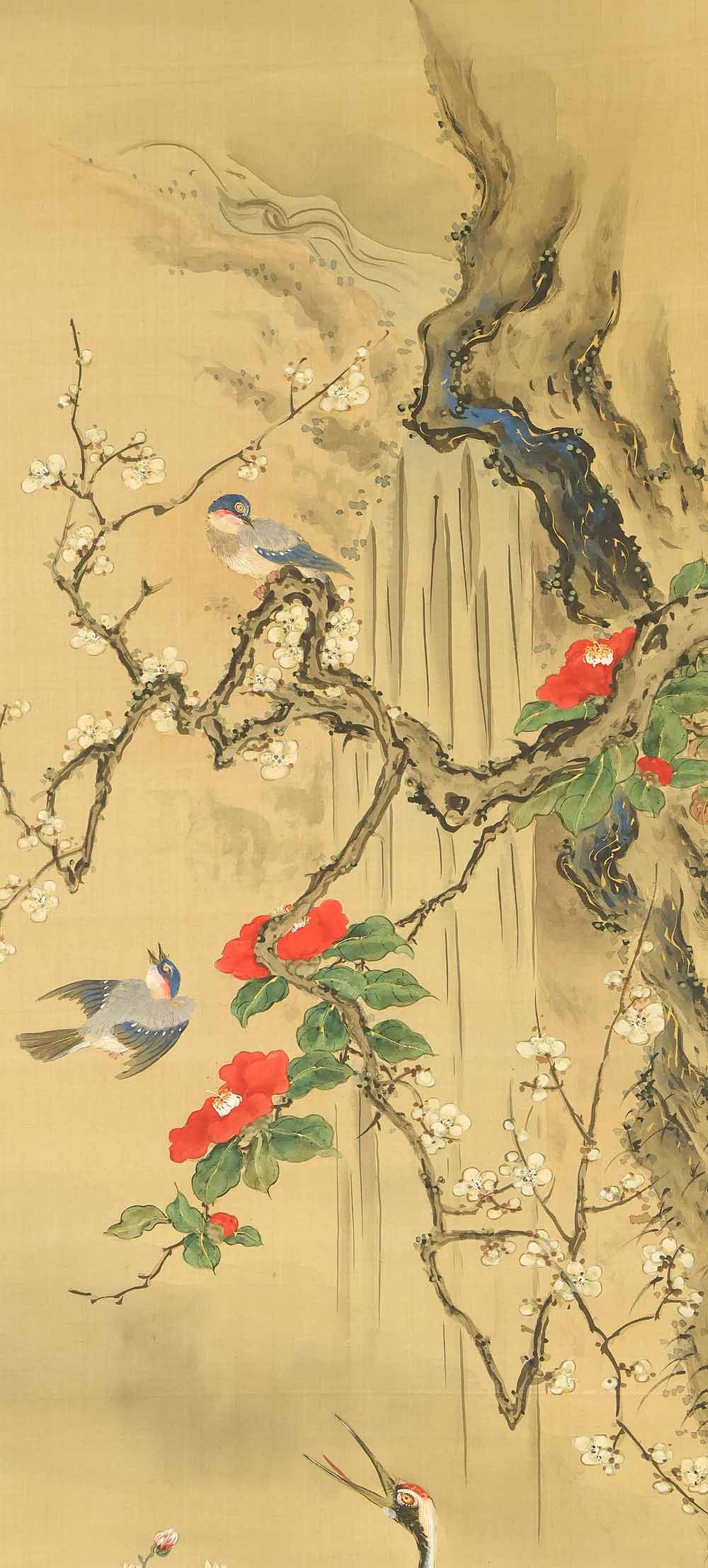 Okamoto Shuki (1807-1862) Japanese hanging scroll / Cranes, Small Birds, Flowers and Waterfalls - 4