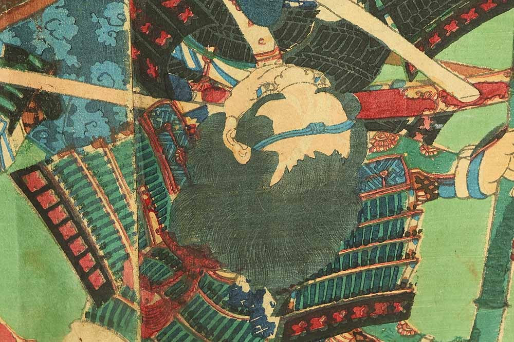 Toyohara Kunichika (1835-1900) Japanese Triptych Original Ukiyo-e woodblock prints (3) - 7