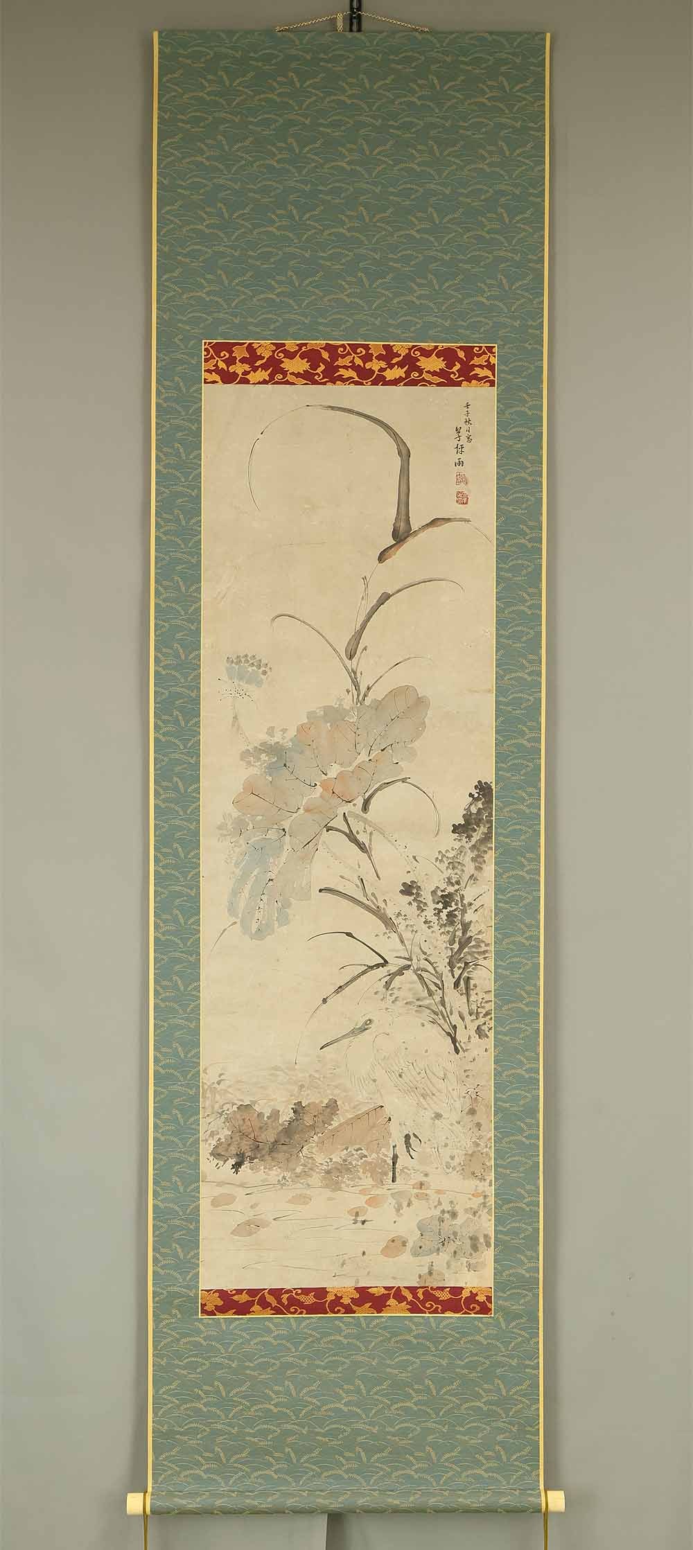 Takahashi Sohei (1802-1833) Japanese hanging scroll / Lotus and Heron in Water with Box: Takahashi Sohei (1802-1833) Japanese antique art kakejiku kakemono wall hanging scroll / Lotus and Heron in Water with Box Takahashi Sohei (1802-1833)Nanga artist of the late Edo period. Born into a m
