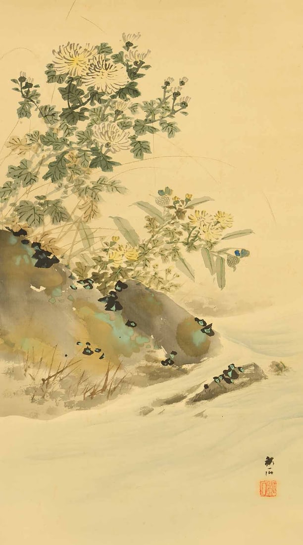 Okutani Shuseki (1871-1936) Japanese hanging scroll / Rising Sun and Chrysanthemum with Box - 6