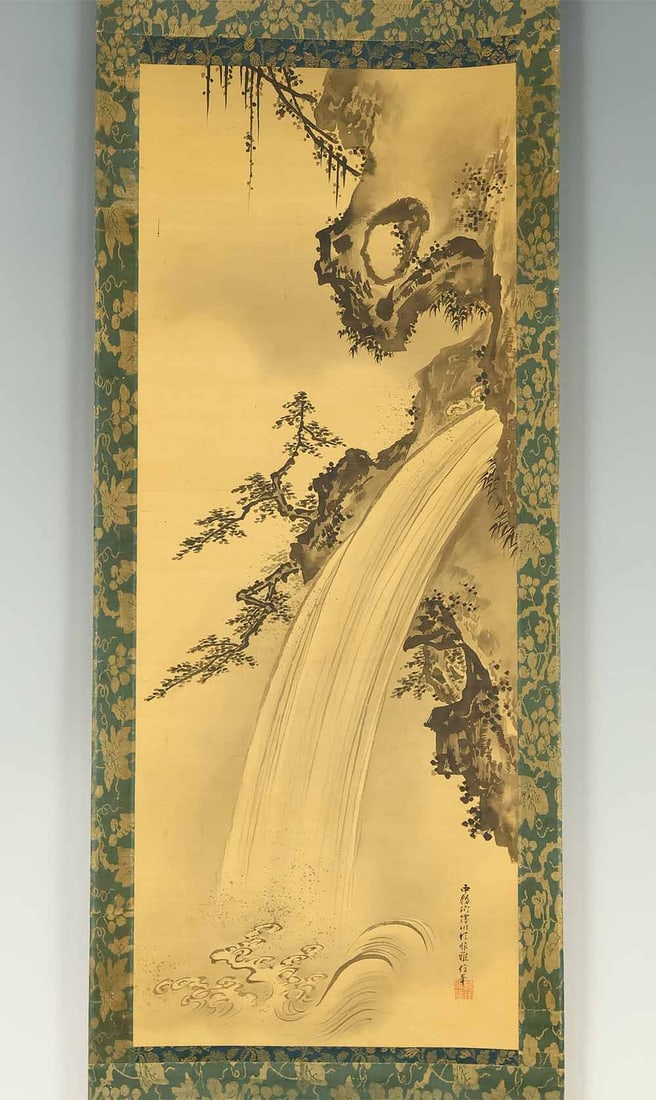 Kano Shosenin Tadanobu (1823-1879) Japanese hanging scroll / Waterfall and Pine Tree with Box - 2