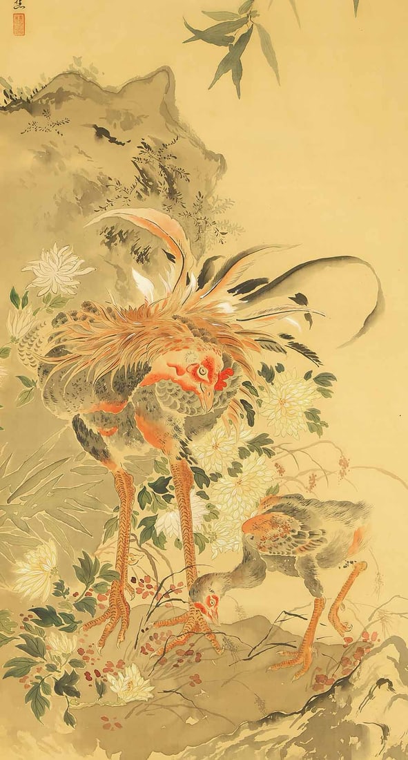 Tsubaki Chinzan (1801-1854) Japanese hanging scroll / Rooster and Chick on Rock with Box - 7