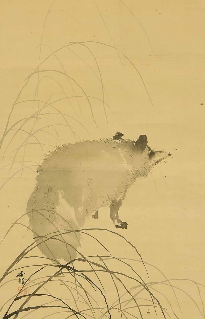 Otake Chikuha (1878-1936) Japanese hanging scroll / Raccoon Dog under Moon with Appraised Box - 6