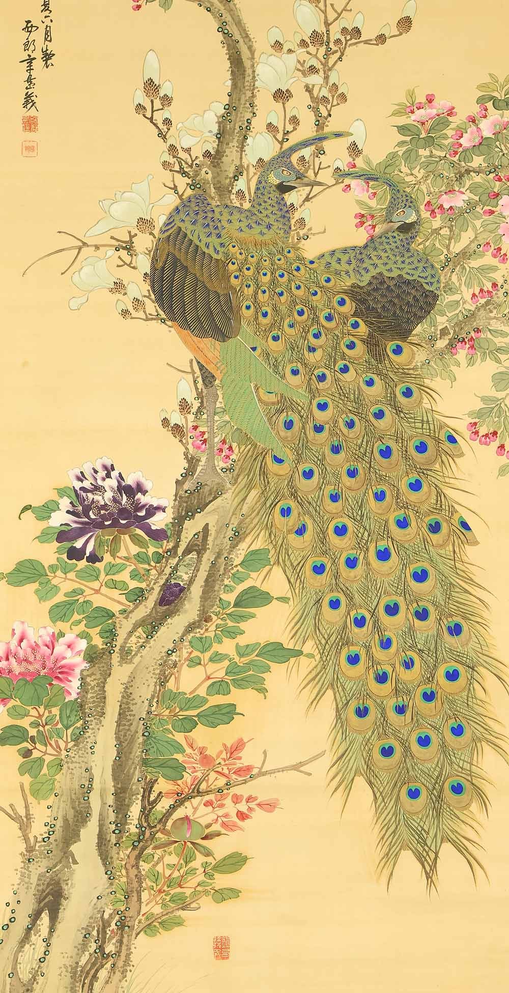 Karashima Nishiro (active 1800-1868) Japanese hanging scroll /?Gyokudofuki - Pair of Peafowls - 7