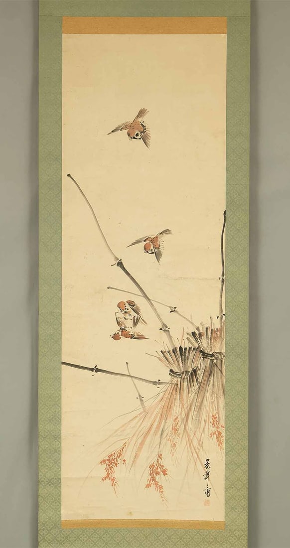 Imao Keinen (1845-1924) Japanese hanging scroll / Flying Four Sparrows, Drying Rice on Rack with Box - 2