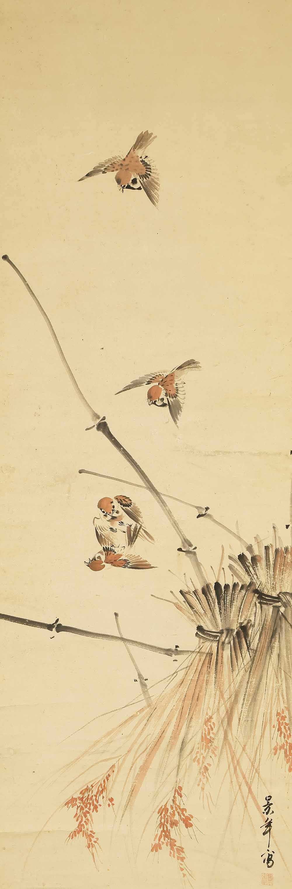 Imao Keinen (1845-1924) Japanese hanging scroll / Flying Four Sparrows, Drying Rice on Rack with Box - 4