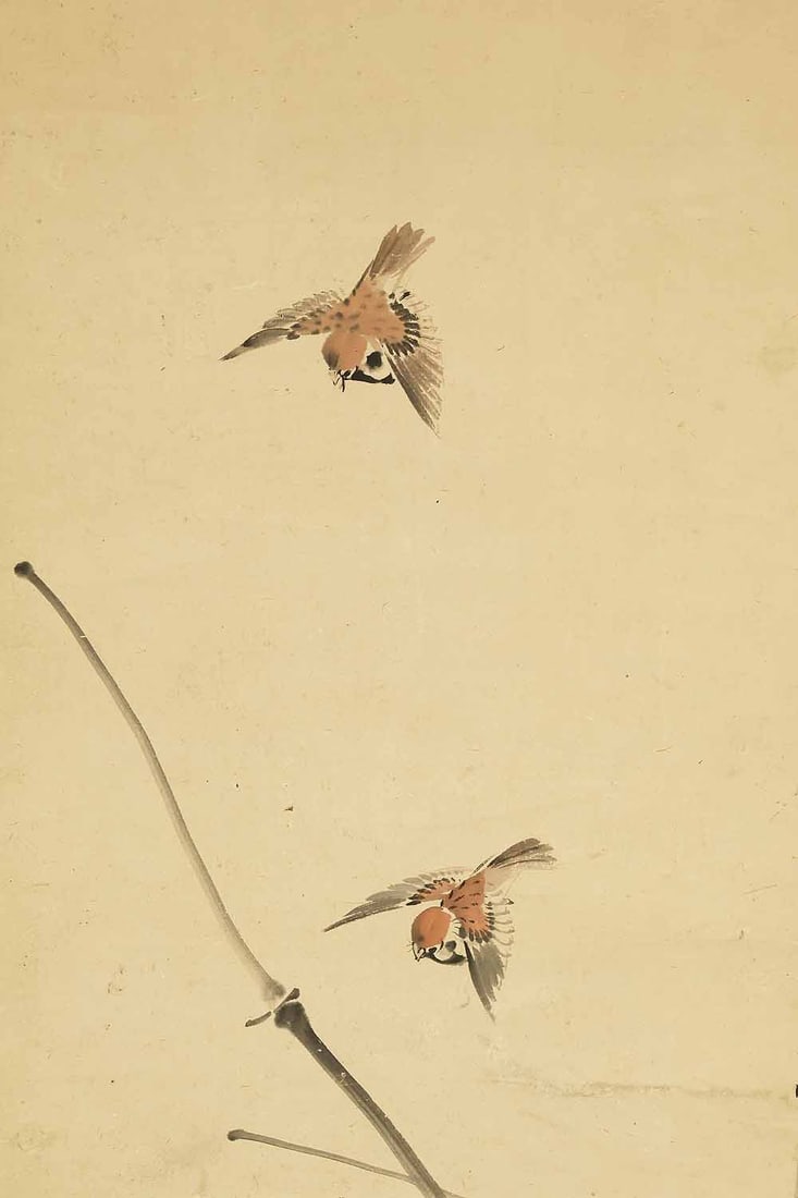 Imao Keinen (1845-1924) Japanese hanging scroll / Flying Four Sparrows, Drying Rice on Rack with Box - 5