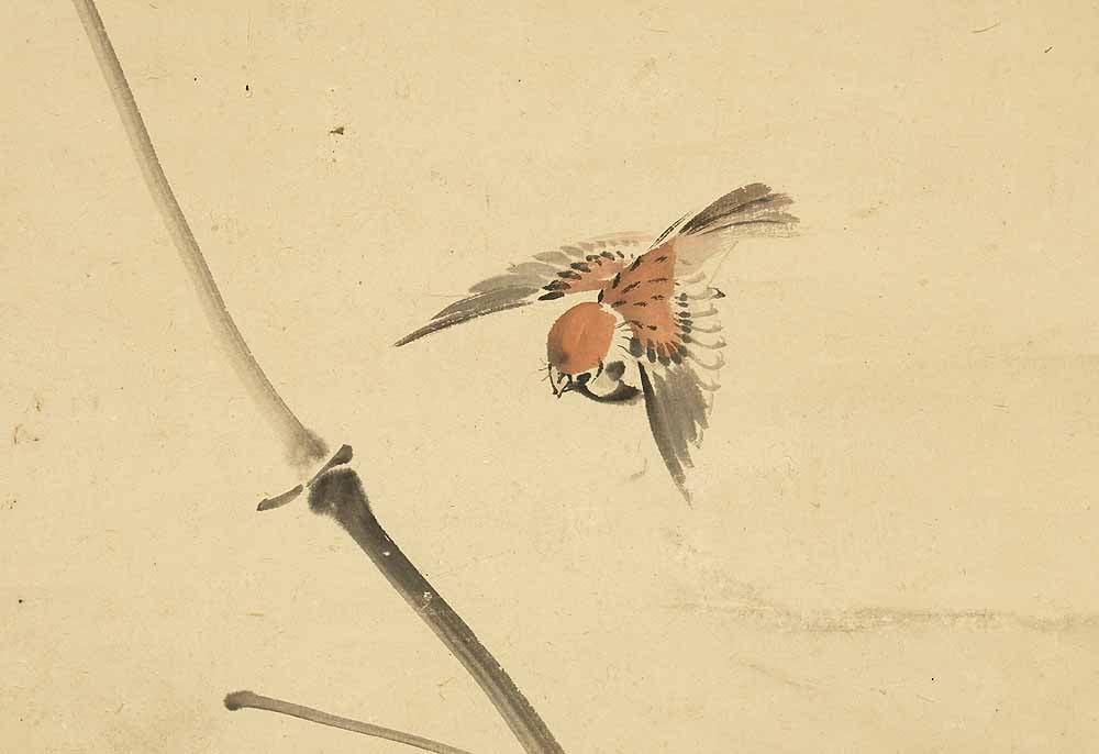 Imao Keinen (1845-1924) Japanese hanging scroll / Flying Four Sparrows, Drying Rice on Rack with Box - 7