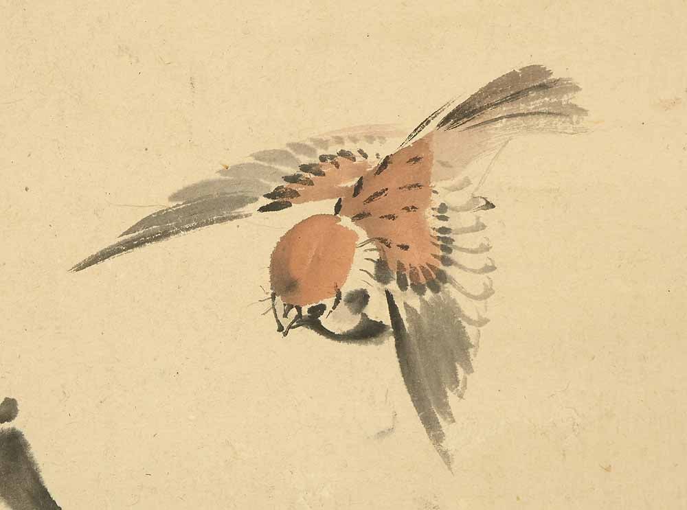Imao Keinen (1845-1924) Japanese hanging scroll / Flying Four Sparrows, Drying Rice on Rack with Box - 8
