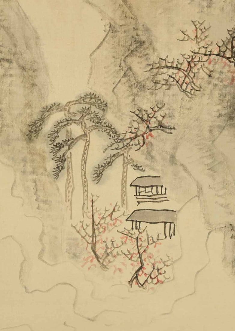 Hirano Gogaku (1811-1893) Japanese hanging scroll / White Satin - Sansui Landscapes Mountains - 10