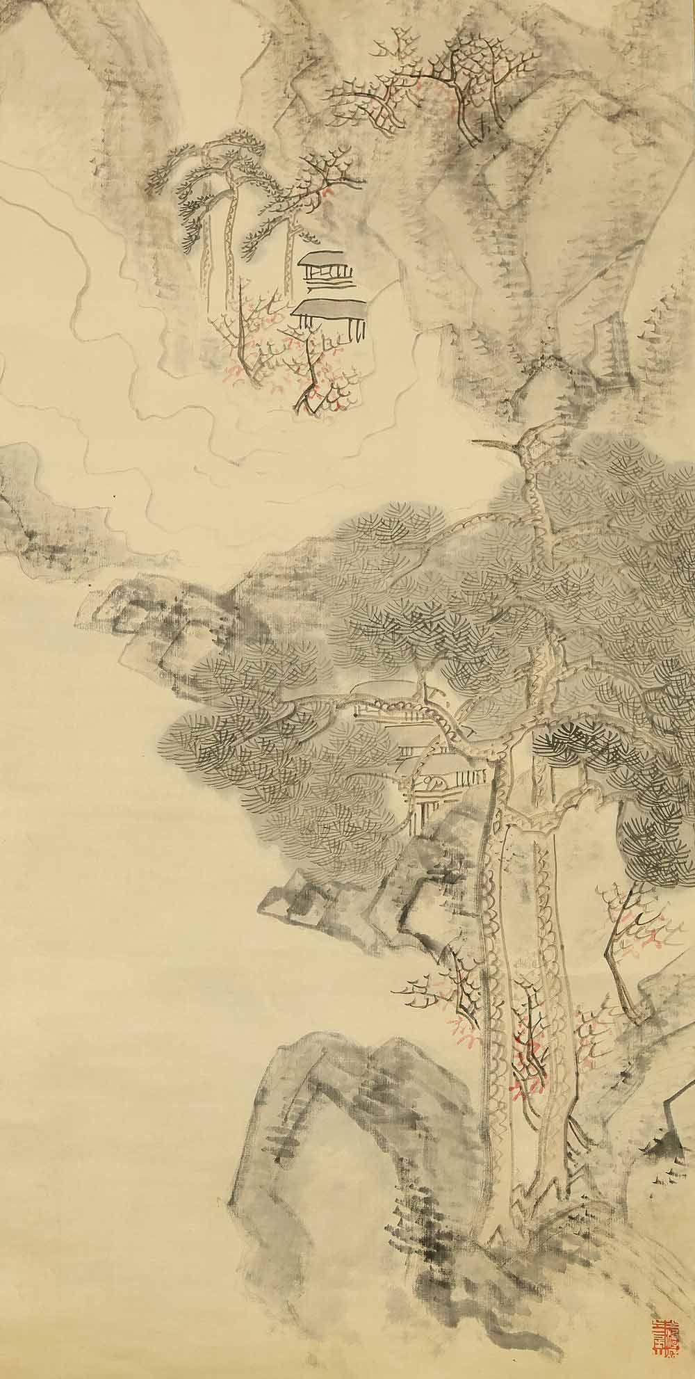 Hirano Gogaku (1811-1893) Japanese hanging scroll / White Satin - Sansui Landscapes Mountains - 11