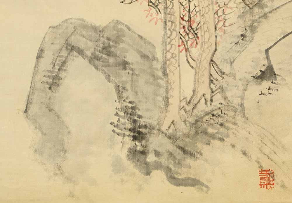 Hirano Gogaku (1811-1893) Japanese hanging scroll / White Satin - Sansui Landscapes Mountains - 16