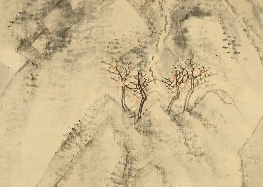 Hirano Gogaku (1811-1893) Japanese hanging scroll / White Satin - Sansui Landscapes Mountains - 7