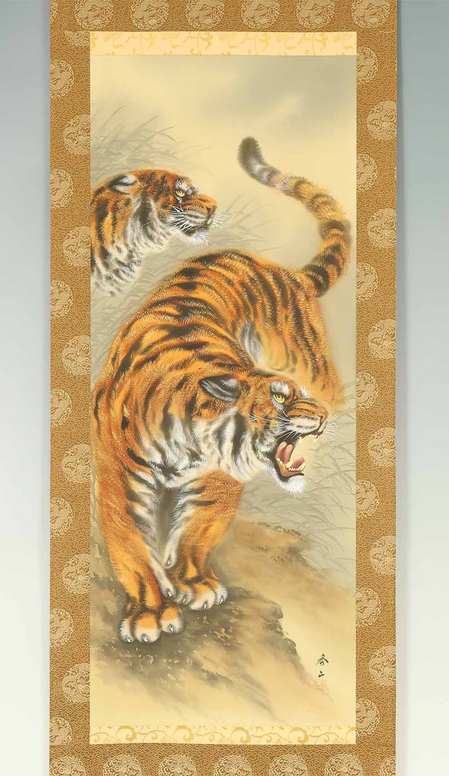 Shuji Japanese hanging scroll / Two Fierce Tigers on Cliff with Original Box (Tomobako) - 2