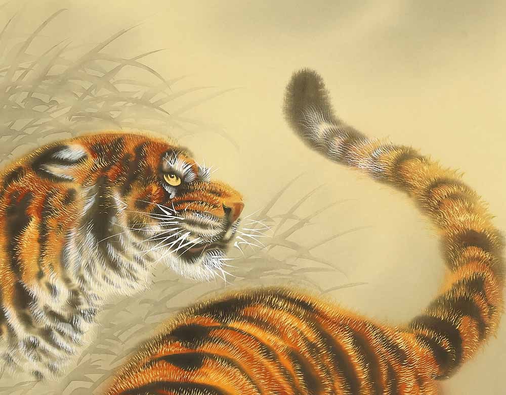 Shuji Japanese hanging scroll / Two Fierce Tigers on Cliff with Original Box (Tomobako) - 5