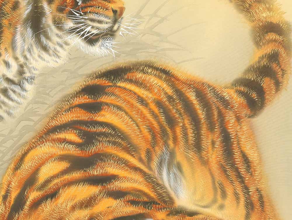 Shuji Japanese hanging scroll / Two Fierce Tigers on Cliff with Original Box (Tomobako) - 9