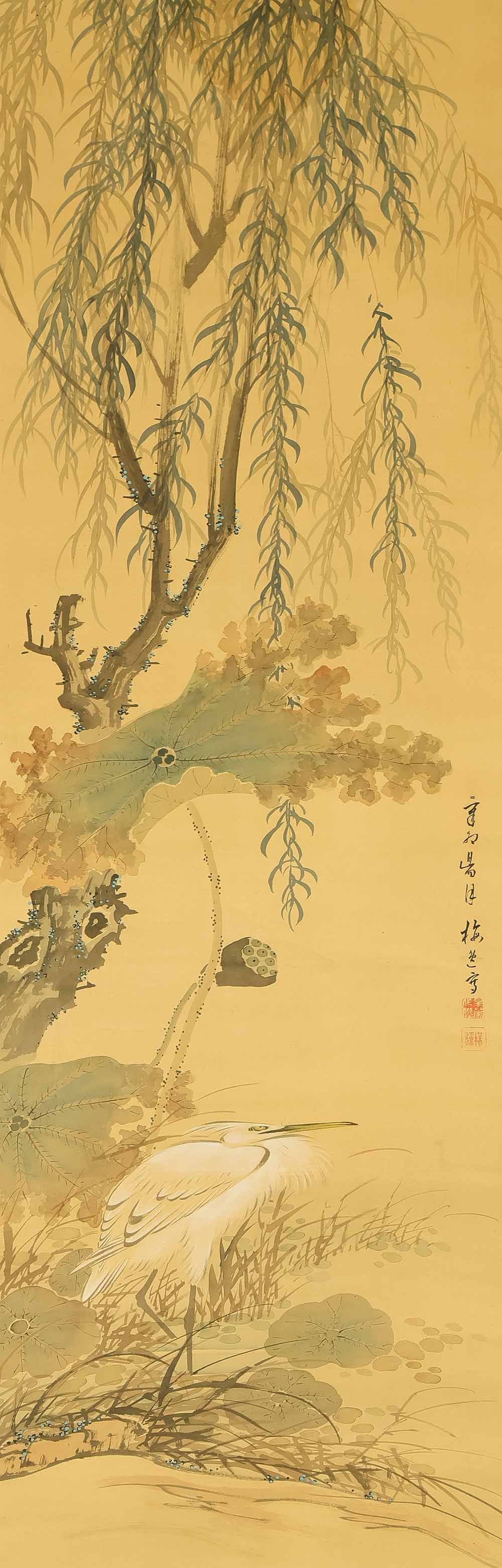 Yamamoto Baiitsu (1783-1856) Japanese hanging scroll / Heron and Lotus under Weeping Willow - 4