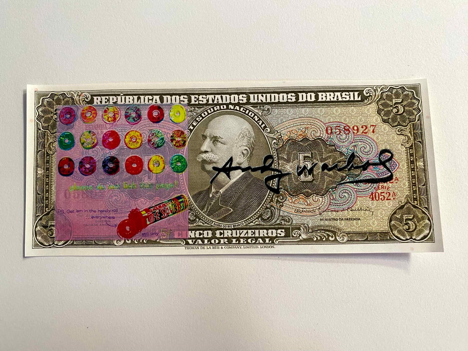 Andy Warhol ( AFTER) silkscreen on banknotes: "AFTER" Andy WarholTitle: Screen-printed banknote "AFTER" Andy Warhol Media: 5 Cruzeiros Brazilian banknote Description: Screen-printed banknote of a work by Andy Warhol. The back features a postmark 