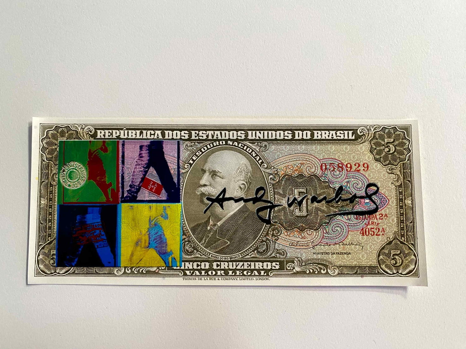 Andy Warhol ( AFTER) silkscreen on banknotes: "AFTER" Andy WarholTitle: Screen-printed banknote "AFTER" Andy Warhol Media: 5 Cruzeiros Brazilian banknote Description: Screen-printed banknote of a work by Andy Warhol. The back features a postmark 