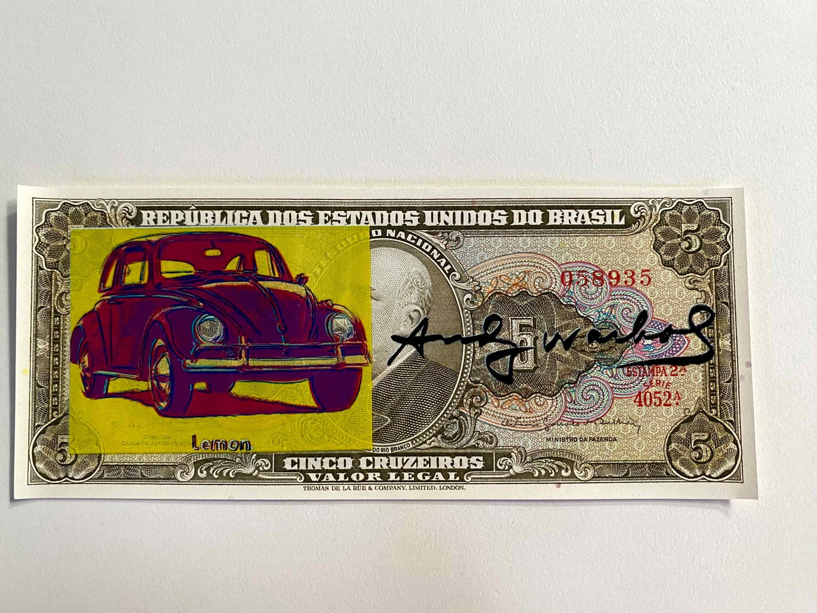 Andy Warhol ( AFTER) silkscreen on banknotes: "AFTER" Andy WarholTitle: Screen-printed banknote "AFTER" Andy Warhol Media: 5 Cruzeiros Brazilian banknote Description: Screen-printed banknote of a work by Andy Warhol. The back features a postmark 