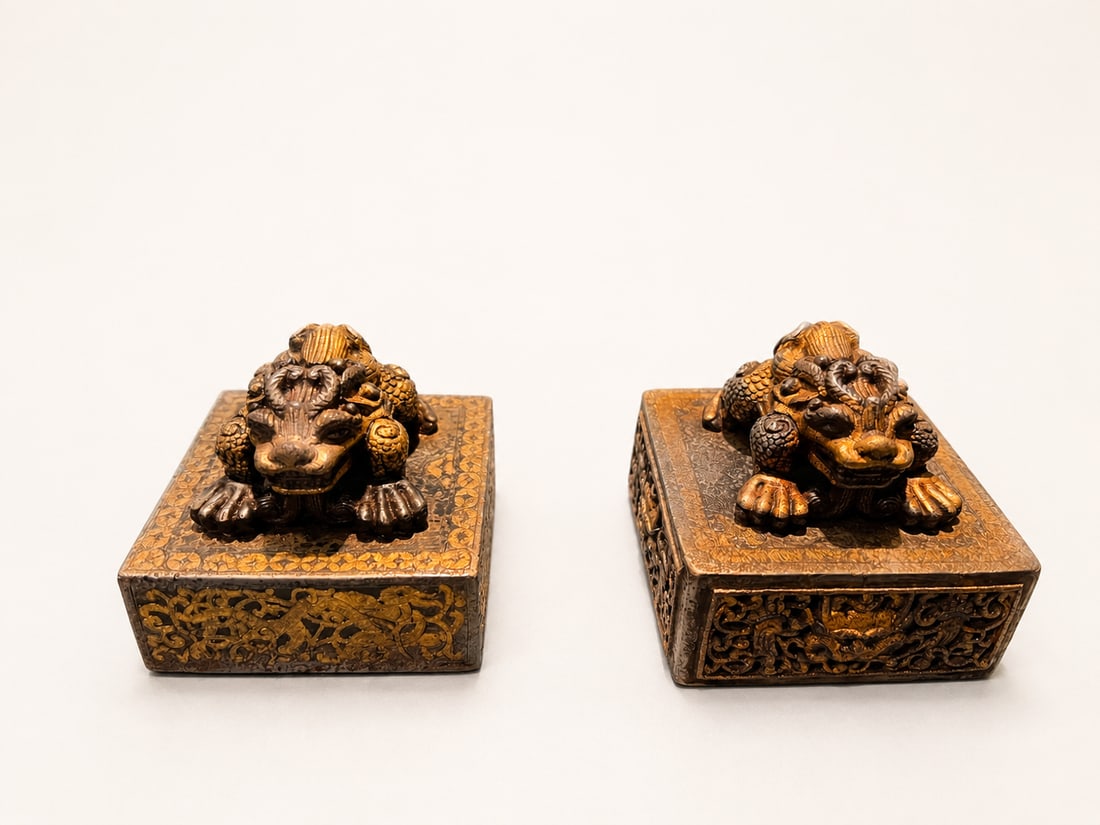 Rare One Pair Tibetan Snow Lion Seals with Gold Decoration, Attributed to the Qing Dynasty: Two Tibetan square seals, each surmounted by a crouching snow lion with a curled mane and gold-colored ornamental details. The bases feature differing animal and scrolling designs, one incorporating p