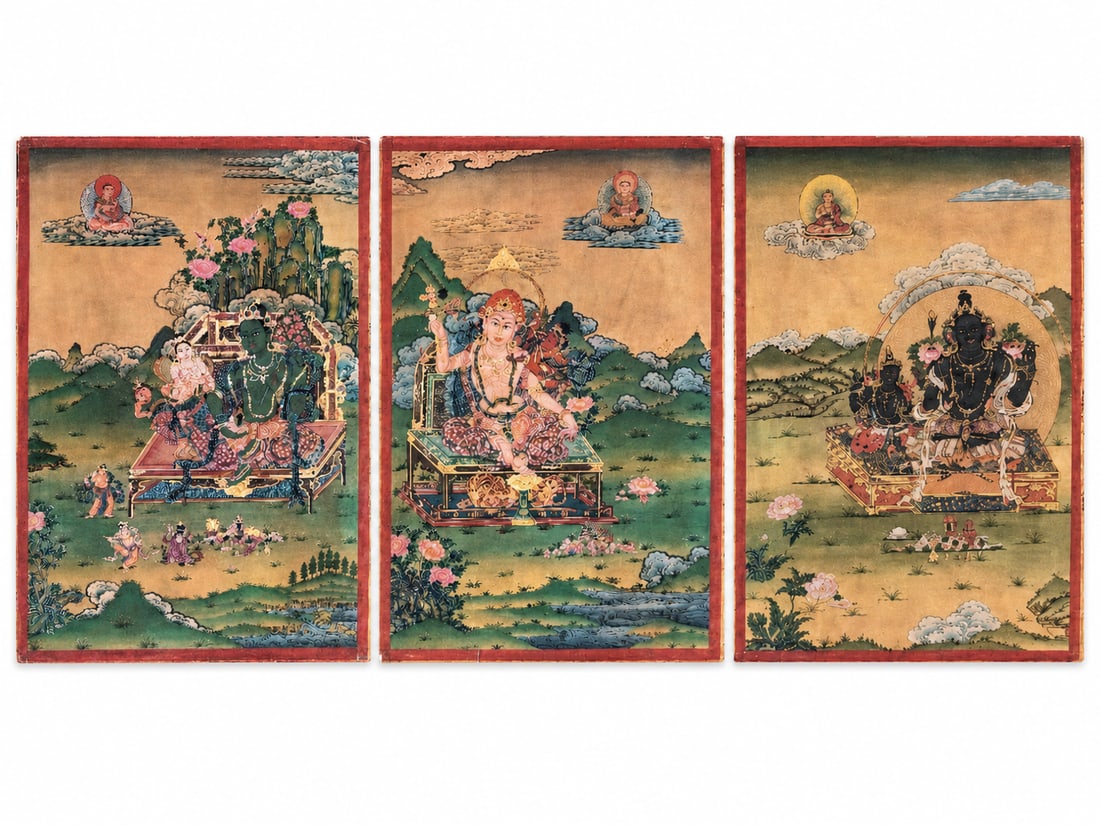 Rare Three Thangkas Depicting Kings of Shambhala, Attributed to the Qing Dynasty: A group of three Tibetan thangkas identified as depicting three kings of Shambhala, associated with the Kalachakra tradition. Each composition centers on a crowned figure seated upon an elaborate thro