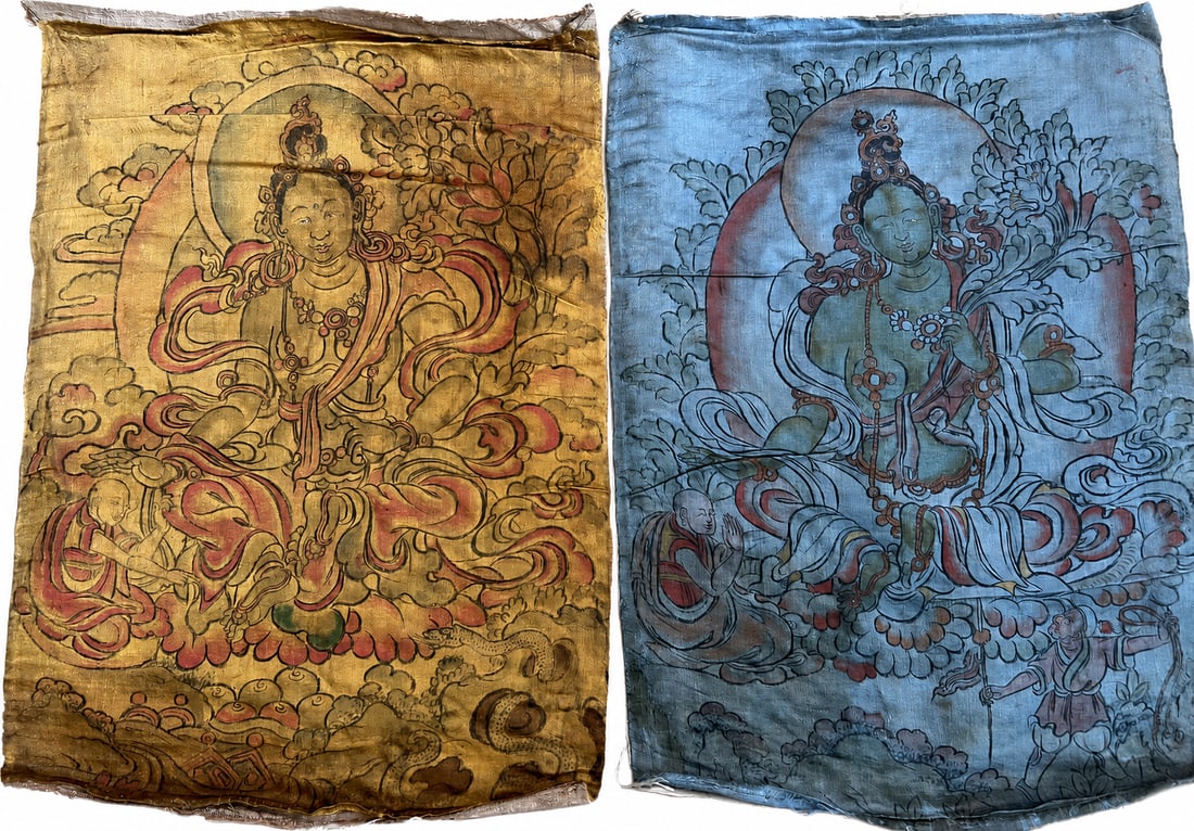 Pair of Tibetan Textile Bags Painted with Green Tara, Attributed to the Qing Dynasty (1 of 7)