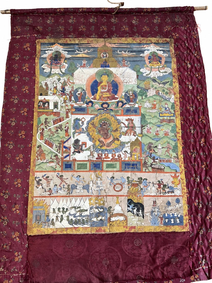 Large Tibetan-Style Thangka of the Buddha and the Judgment of Yama: A large Tibetan-style narrative thangka depicting a seated Buddha above a wrathful figure, provisionally identified as Yama, the judge of the dead. Animal-headed attendants holding a mirror and scales