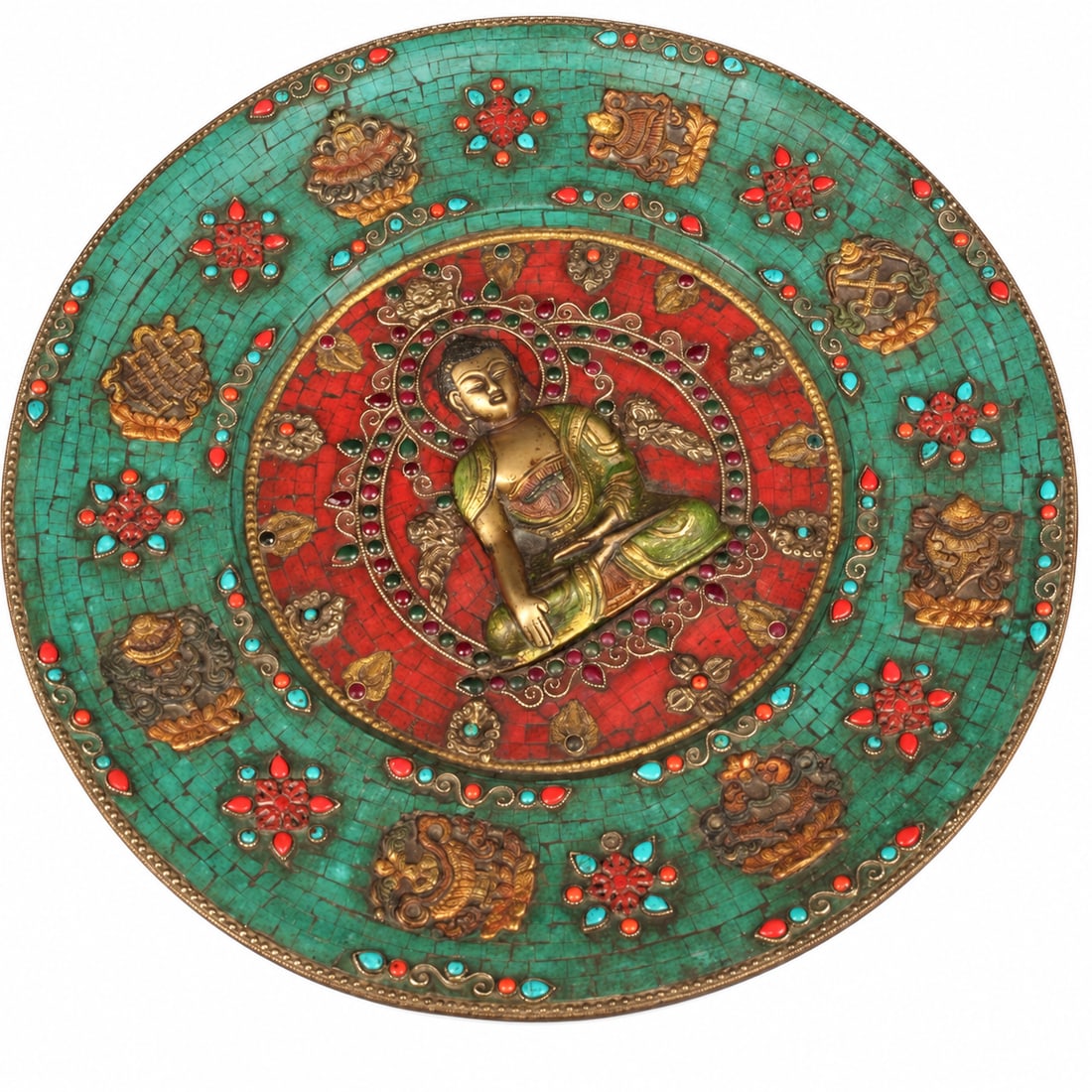 Nepalese-Style Shakyamuni Buddha Plaque with Mosaic and Colored Inlays: A large circular Nepalese-style devotional plaque centered with a relief figure of Shakyamuni Buddha, seated cross-legged with the right hand extended in the earth-touching gesture and the left restin