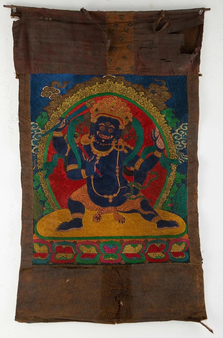 Qing Dynasty, Embroidered Thangka of Four-Armed Mahakala (1 of 3)