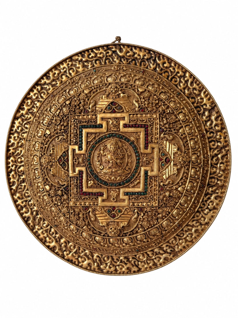 Rare Qing Dynasty Manjushri Mandala Circular Metal Box with Colored Inlays: A circular metal plaque depicting Manjushri within an elaborate mandala. The crowned bodhisattva is seated on a lotus pedestal, raising a sword, with a book supported by a lotus beside him. A four-gat