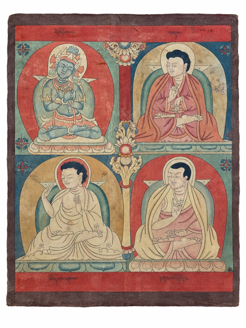 Rare Early Qing Dynasty, Tibetan Thangka of Vajradhara and Three Kagyu Masters: A Tibetan thangka depicting Vajradhara and three Kagyu lineage masters, provisionally identified as Marpa, Milarepa and Gampopa. Arranged in two registers, the four figures sit within contrasting oval