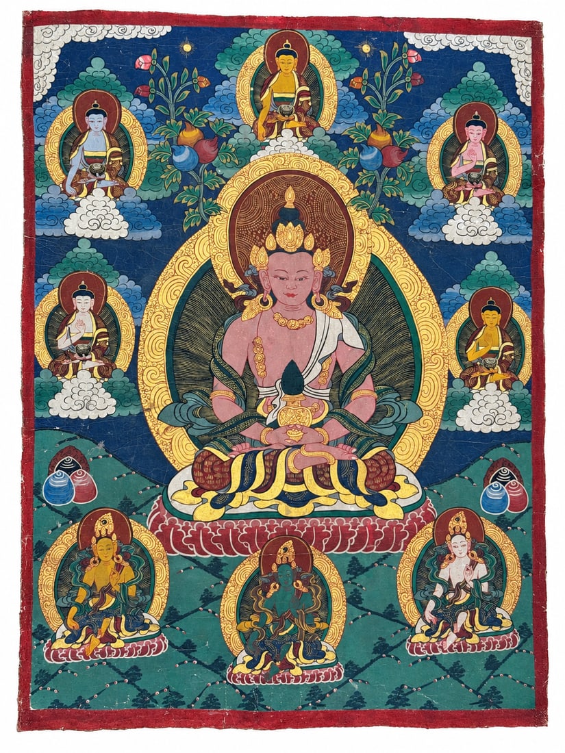 Rare Qing Dynasty Tibetan Amitayus Thangka with Red Handprints on Reverse (1 of 8)