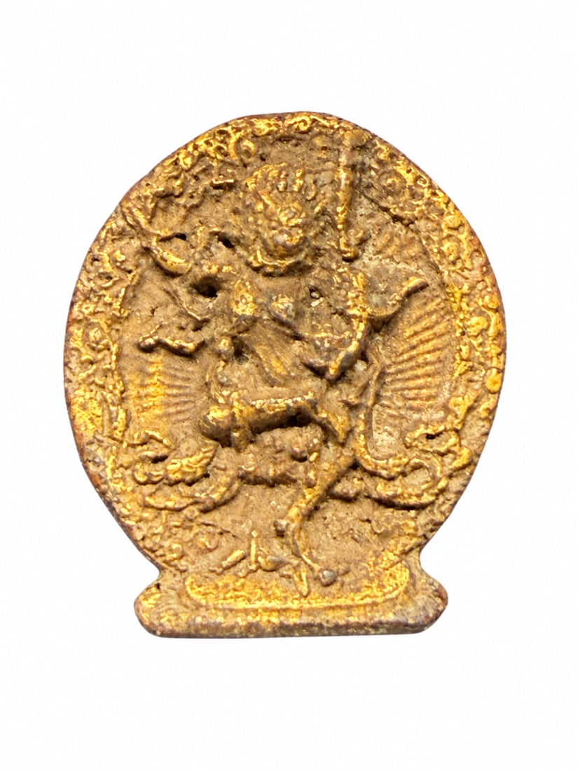 Ming-Qing Period, Tibetan Dakini Tsa-Tsa with Gold-Colored Decoration and Red Reverse: A finely detailed Tibetan dakini tsa-tsa, attributed to the Ming–Qing period, depicting a dynamic dancing figure, possibly the lion-faced dakini Simhamukha. The compact relief incorporates elaborate