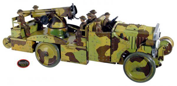 Rare 1920s Tin W/U B/O Hausser (Elastolin) "WWI Brit: WWI British Anti-Aircraft Gun Truck #1/740, 1920s, made by O&M Hausser, Germany, (marketed under their well-known trade name, Elastolin; this beautiful 13.5" camouflaged tin wind-up truck with