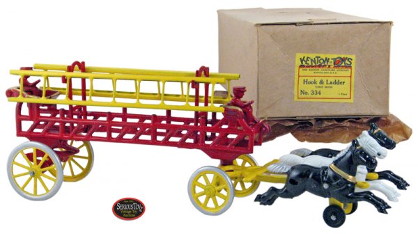 1952 Kenton Cast Iron "Three Horse Hook and Ladder: Three Horse Hook and Ladder Wagon #334, 1952, Kenton, 16"; this is one of the last toys Kenton made before going out of business, complete w/ 2 firemen, 3 horses & 3 yellow pressed steel hanging ladde