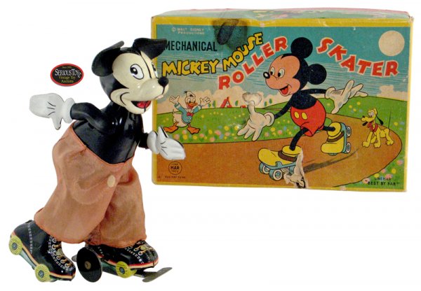 1950s Linemar Mechanical "Mickey Mouse Roller Skate: Mechanical Mickey Mouse Roller Skater, 1950s, Linemar (Marx), Japan, 6.25", tin wind-up, realistic skating action, all original (pants faded a bit, left ear repaired), o/w C9 w/ original paper label o