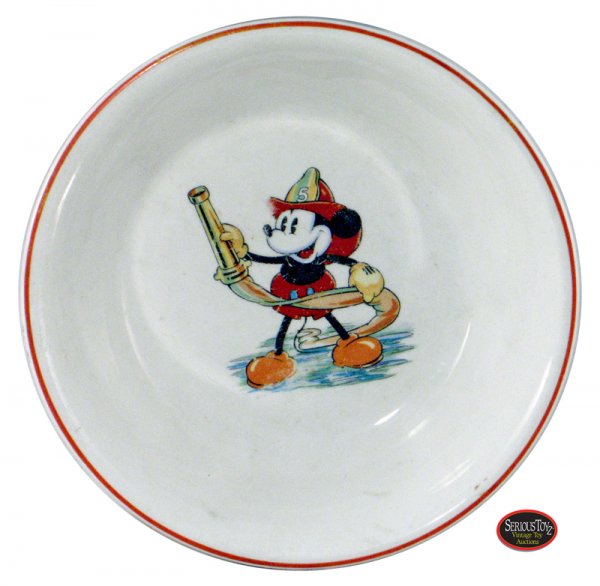 1930s Patriot China "Mickey Mouse 'Fireman Mickey'": Mickey Mouse 'Fireman Mickey' Child's Glazed Ceramic Bowl, 1930s, Patriot (Salem China Co.), US; 6" diameter, 1.5" deep bowl with MM as a fireman wearing hat & holding a fire hose; light scuffs & wear