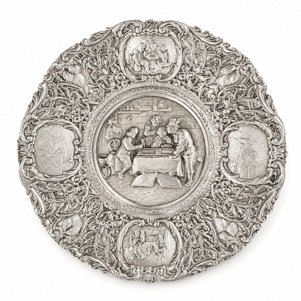 Barbour Silver Co. - Repousse Charger: Repousse charger, 32.5 centimetres, attributed to Barbour Silver Co. by its windmill mark numbered 3677. Genre scene to the centre within a pierced border. Silver plate.