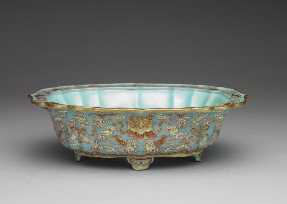 Basin with assorted treasures on a blue ground in yangcai polychrome enamels: Chinese Antiques Asian Antiques Porcelain Bronze Jade Painting Scroll Gold Chinese Ming Dynasty Furniture